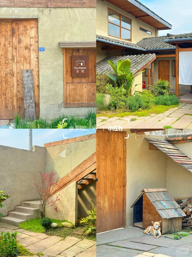 A serene courtyard at Huijian Too Meet cafe in Shifang, transformed from an old house.